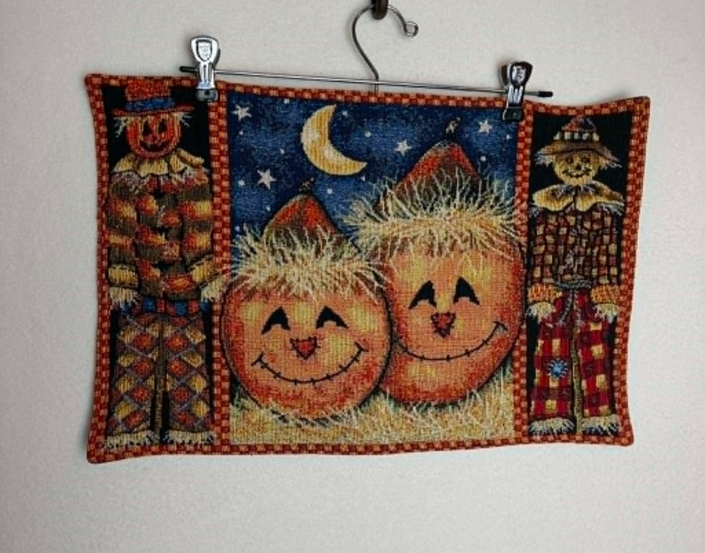 Fall Harvest Tapestry Placemats Pumpkins Scarecrows Set of 3 Autumn Halloween